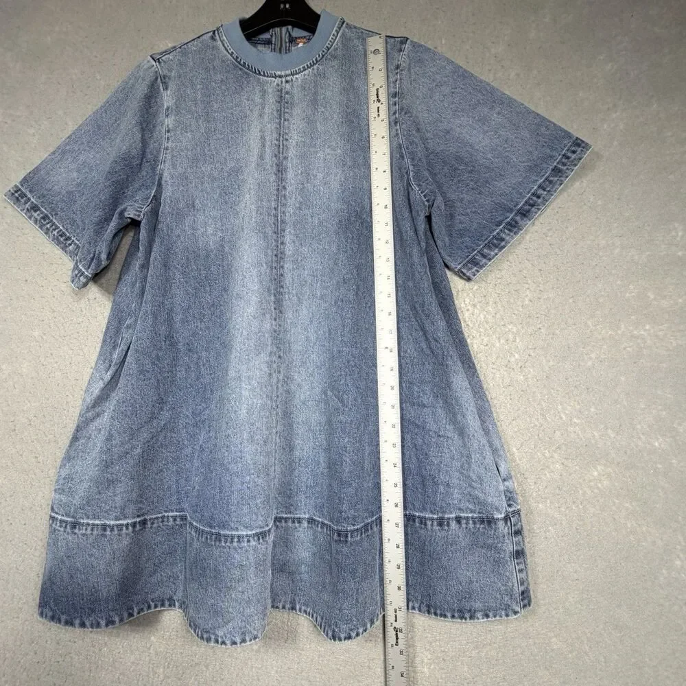 Free People Harlow Mini Dress Women's Size Small Ocean Blue Denim Pockets